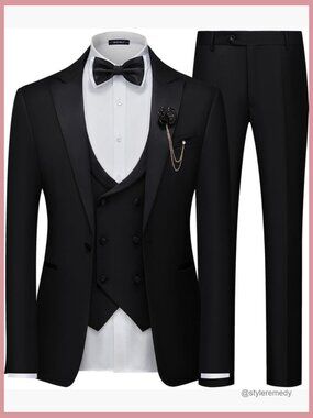 Wool Blend 3-Piece Suit Slim Fit One Button Formal Tuxedo Set